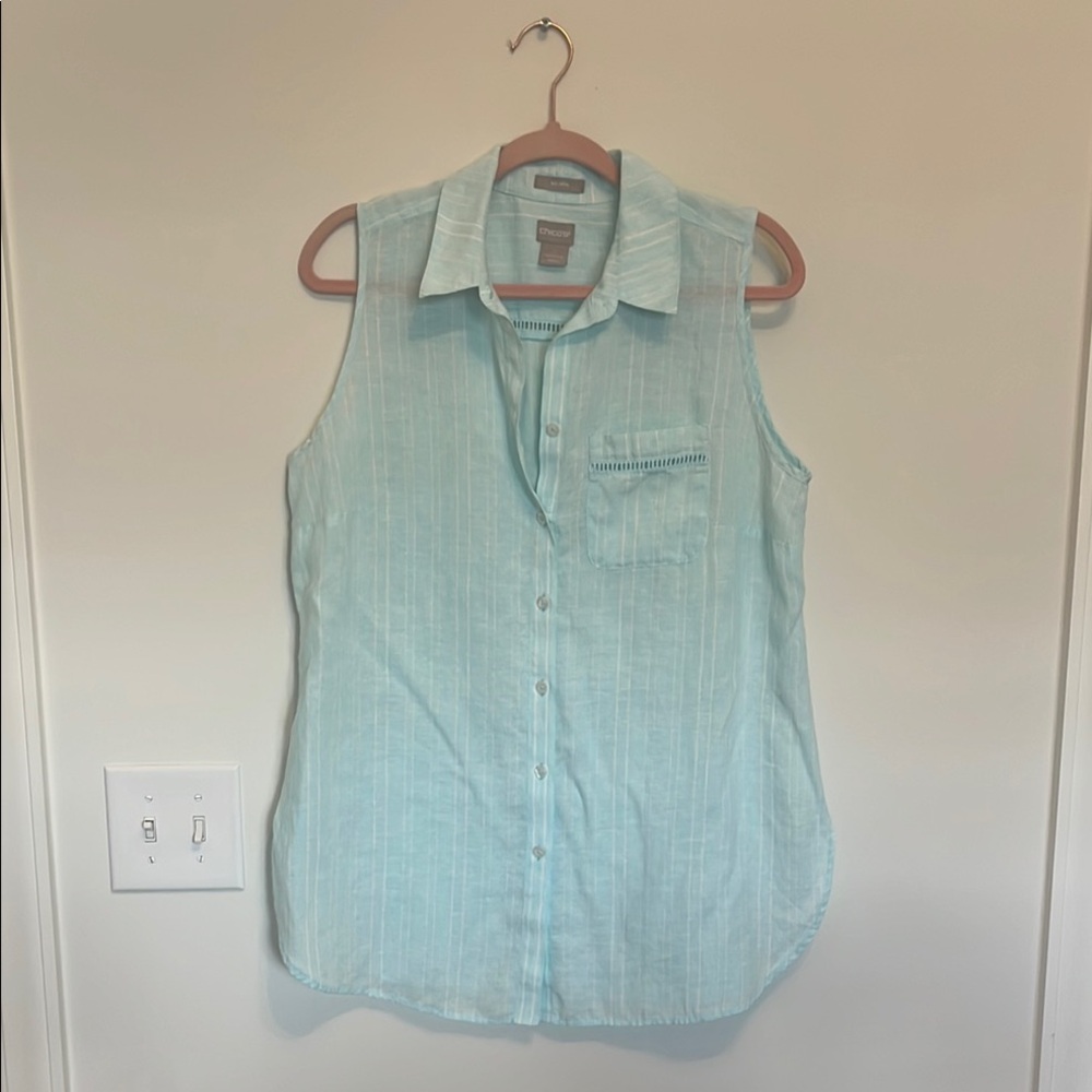 Chicos Sleeveless Light Bluegreen Button-Up Linen No-Iron Top